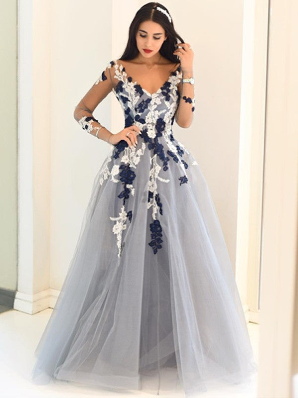A-Line V-Neck Tulle Long Sleeve Applique Floor-Length Dress - Chloe Dress