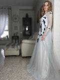A-Line V-Neck Tulle Long Sleeve Applique Floor-Length Dress - Chloe Dress