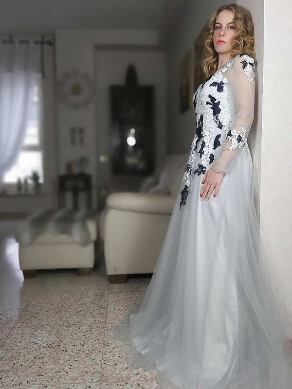A-Line V-Neck Tulle Long Sleeve Applique Floor-Length Dress - Chloe Dress