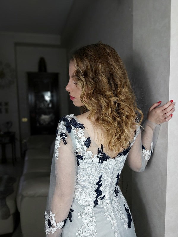 A-Line V-Neck Tulle Long Sleeve Applique Floor-Length Dress - Chloe Dress