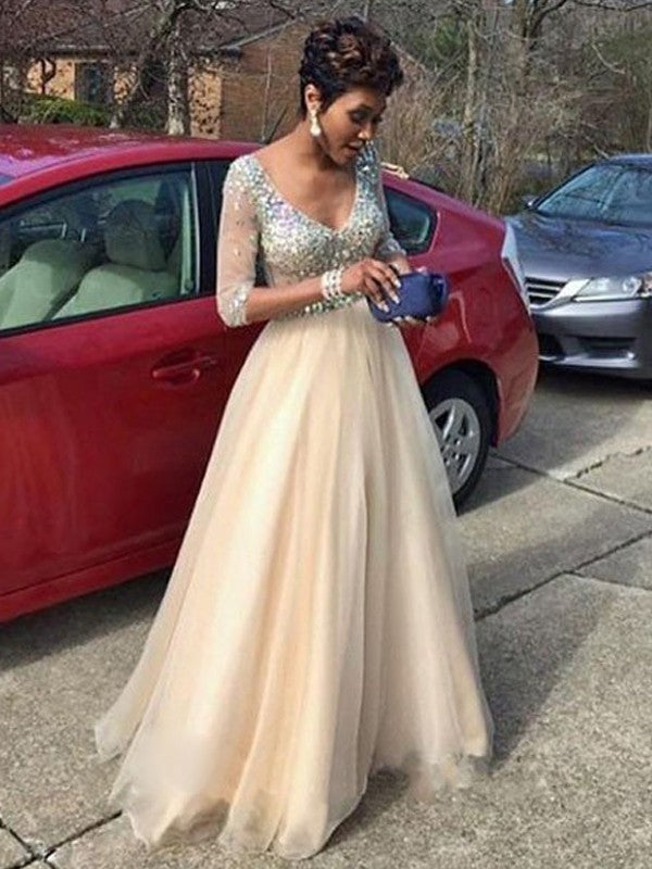 A-Line V-Neck Tulle Long Sleeve Floor-Length Dress - Chloe Dress