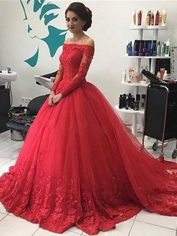 Ball Gown Tulle Long Sleeve Train Gown - Chloe Dress