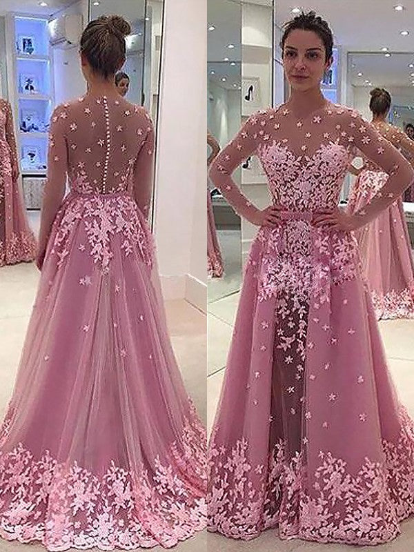 A-Line Tulle Long Sleeve Applique Floor-Length Dress - Chloe Dress