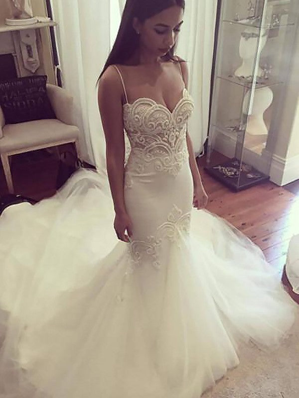 Mermaid Spaghetti Strap Tulle Sleeveless Train Wedding Dress - Chloe Dress