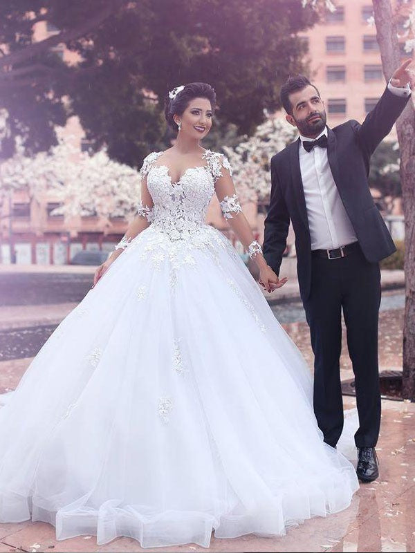 Ball Gown Sweetheart Tulle Long Sleeve Train Wedding Gown - Chloe Dress