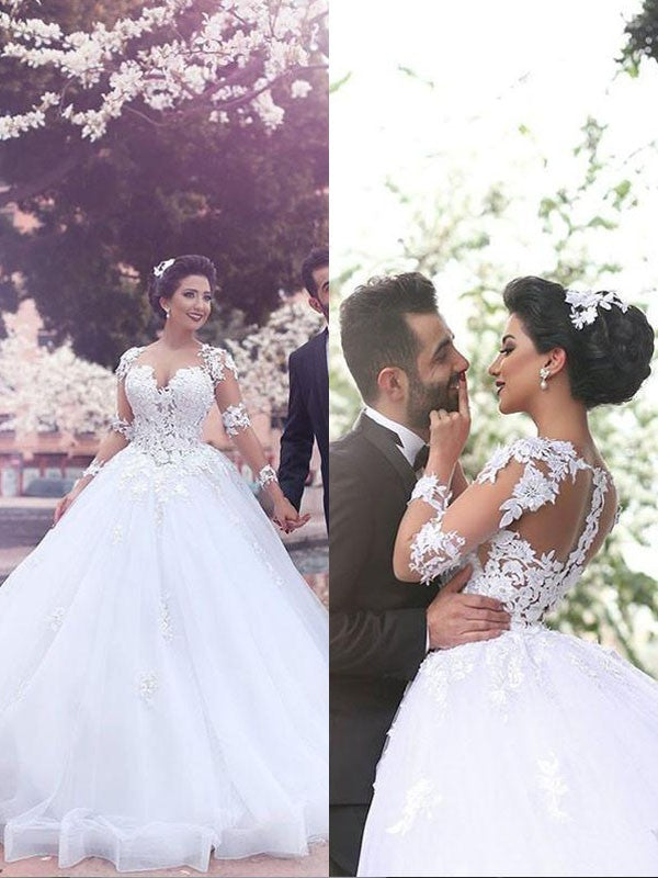 Ball Gown Sweetheart Tulle Long Sleeve Train Wedding Gown - Chloe Dress