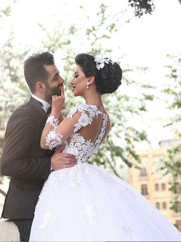 Ball Gown Sweetheart Tulle Long Sleeve Train Wedding Gown - Chloe Dress