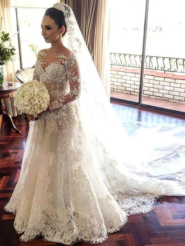 A-Line Tulle Long Sleeve Train Tea-Length Wedding Dress - Chloe Dress