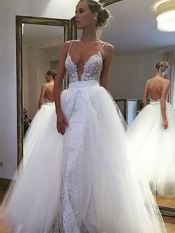 A-Line Spaghetti Strap Tulle Sleeveless Floor-Length Wedding Dress - Chloe Dress