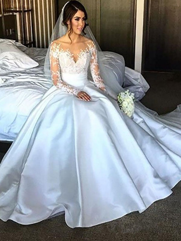 Ball Gown Satin Long Sleeve Train Wedding Gown - Chloe Dress