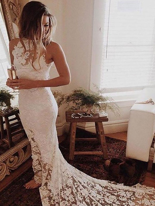 Mermaid Halter Lace Sleeveless Train Wedding Dress - Chloe Dress