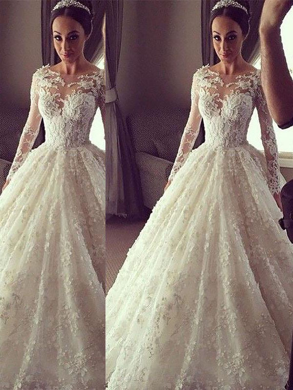 Ball Gown Lace Long Sleeve Train Wedding Gown - Chloe Dress