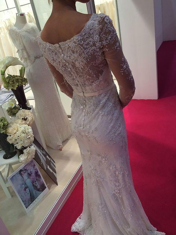 Sheath Chiffon Long Sleeve Train Wedding Dress - Chloe Dress