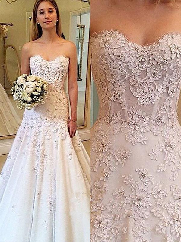 A-Line Sweetheart Lace Sleeveless Train Wedding Dress - Chloe Dress