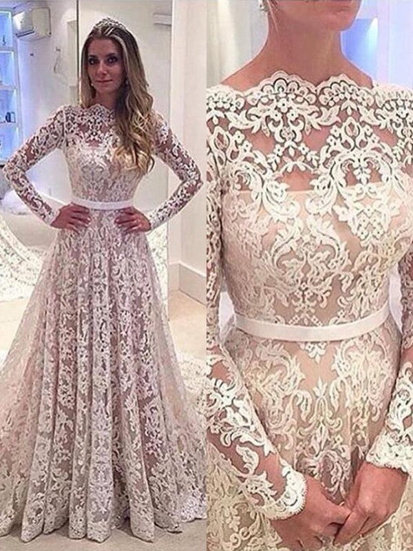 A-Line Lace Long Sleeve Train Tea-Length Wedding Dress - Chloe Dress