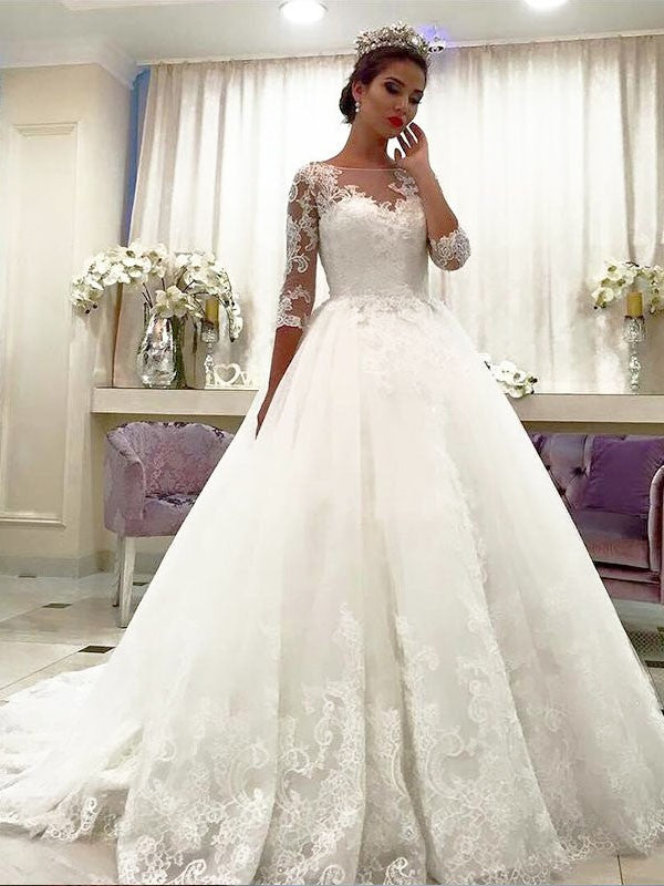 Ball Gown Tulle Three-Quarter Sleeve Train Tea-Length Wedding Gown - Chloe Dress