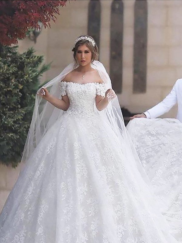 Ball Gown Tulle Short Sleeve Train Mini Wedding Gown - Chloe Dress
