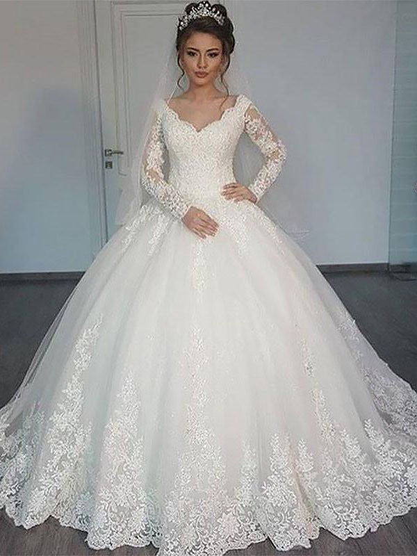 Ball Gown V-Neck Tulle Long Sleeve Floor-Length Wedding Gown - Chloe Dress