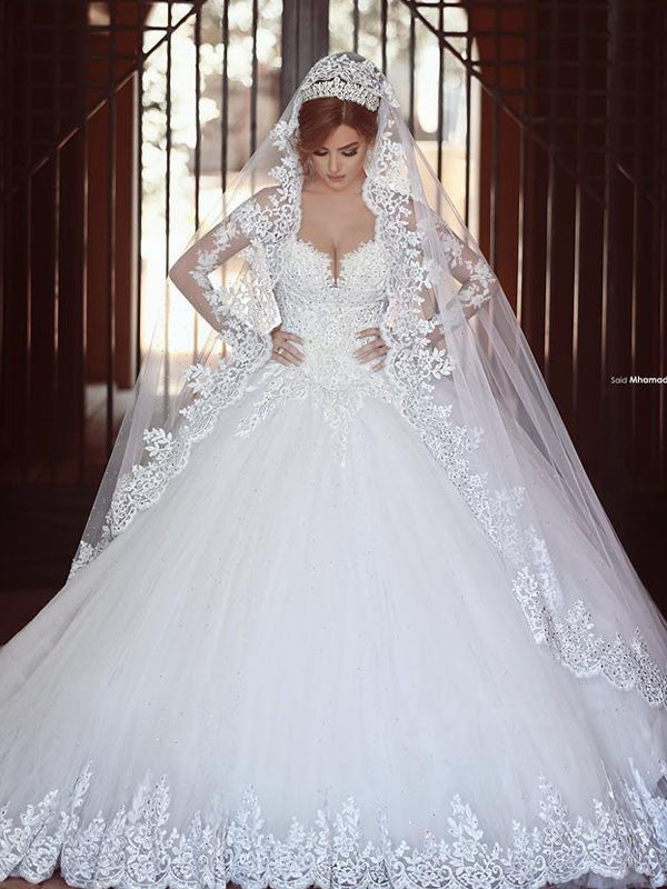 Ball Gown Tulle Long Sleeve Train Wedding Gown - Chloe Dress