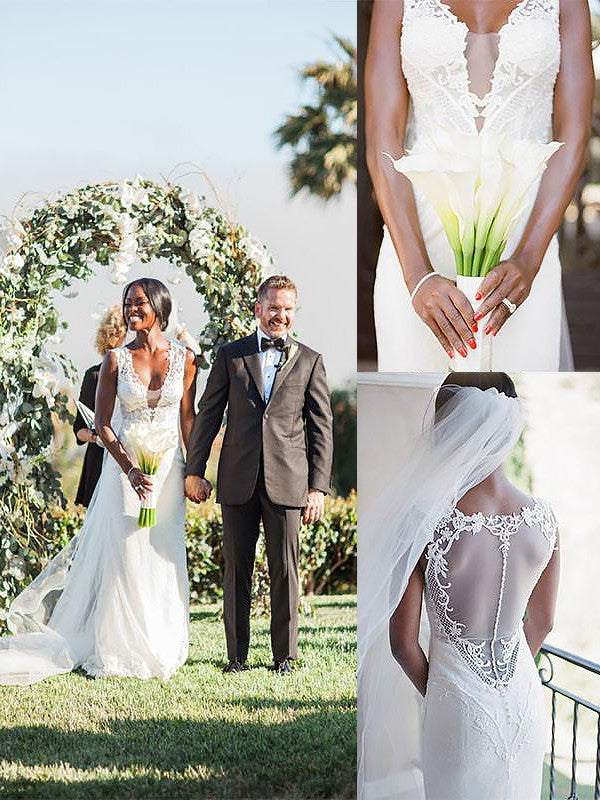 Sheath V-Neck Tulle Sleeveless Train Wedding Dress - Chloe Dress
