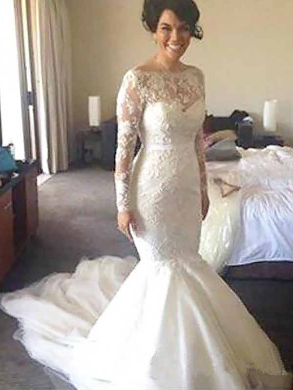 A-Line Tulle Long Sleeve Train Tea-Length Wedding Dress - Chloe Dress