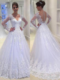 A-Line V-Neck Tulle Long Sleeve Train Wedding Dress - Chloe Dress