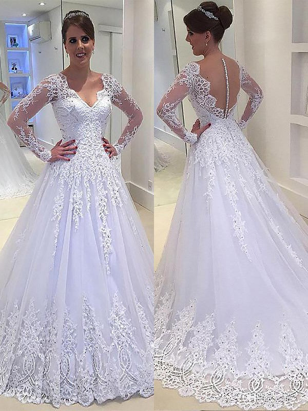 A-Line V-Neck Tulle Long Sleeve Train Wedding Dress - Chloe Dress
