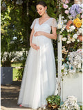 A-Line V-Neck Tulle Short Sleeve Tiered Floor-Length Evening Gown - Chloe Dress
