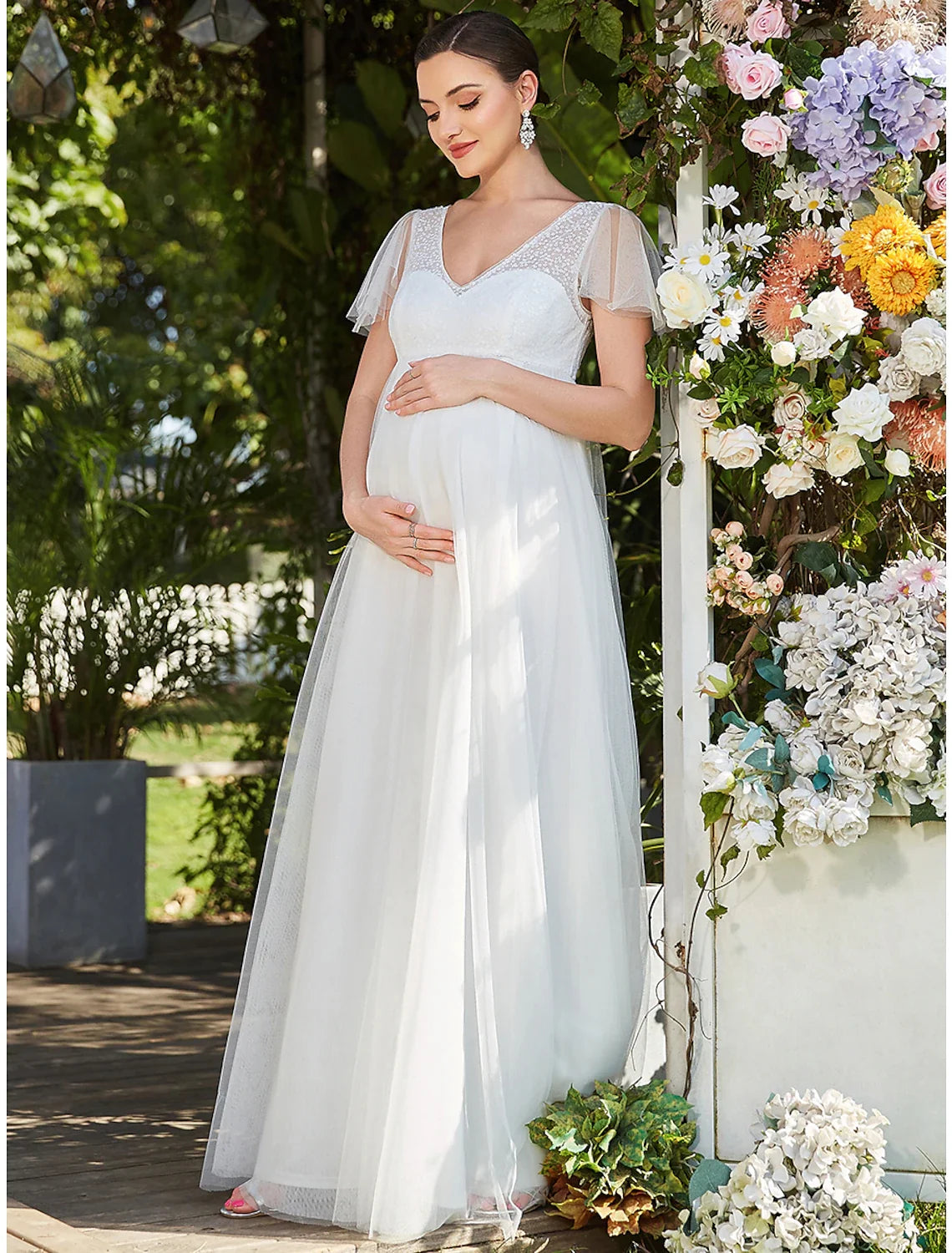 A-Line V-Neck Tulle Short Sleeve Tiered Floor-Length Evening Gown - Chloe Dress