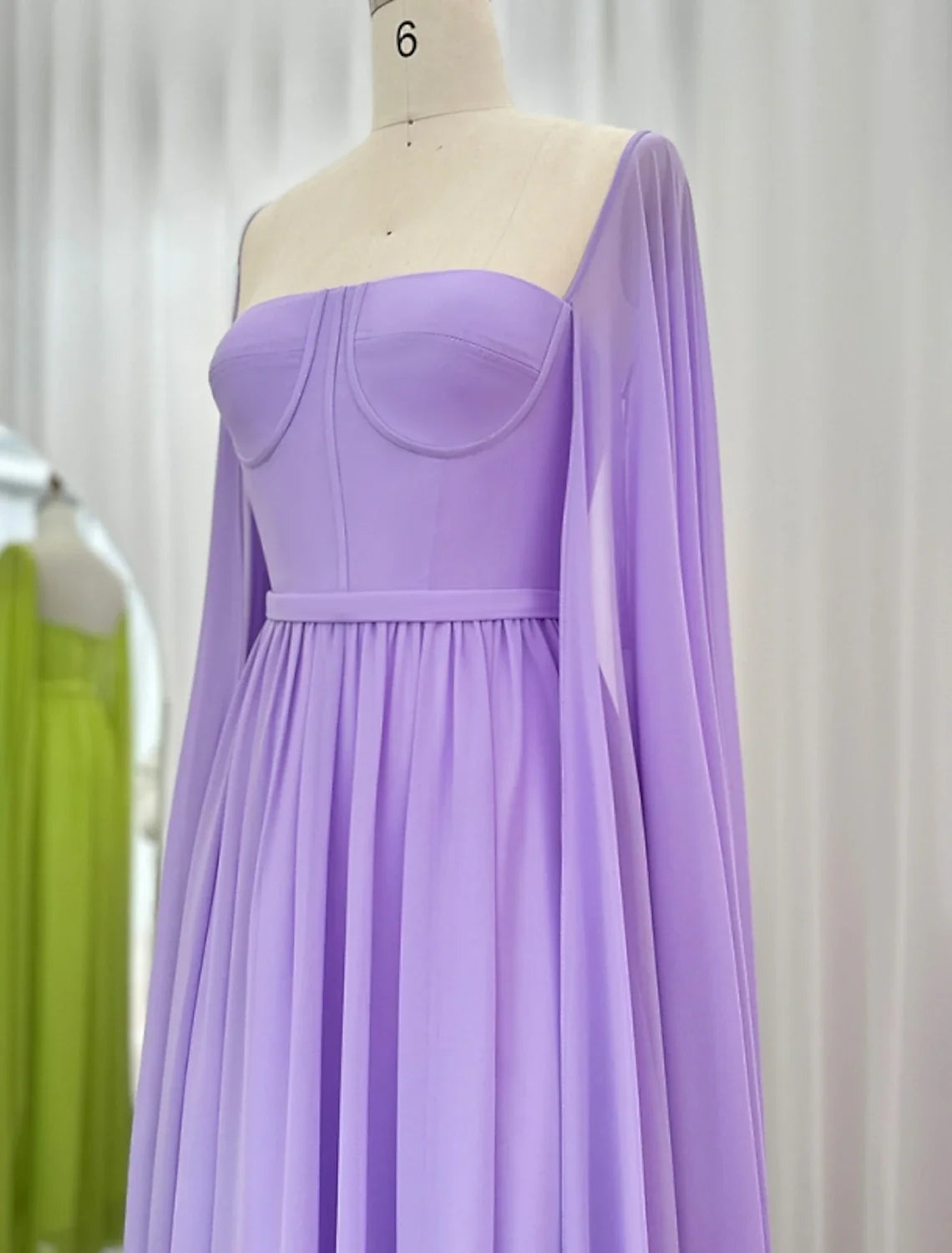 Green A-Line Square Neck Chiffon Long Sleeve Pleated Floor-Length Evening Gown - Chloe Dress