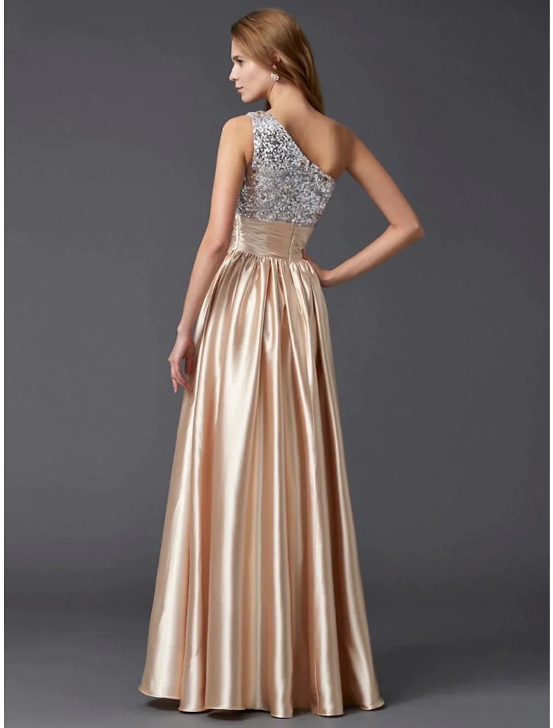A-Line One-Shoulder Sequin Sleeveless Pleated Floor-Length Prom Dress - Chloe Dress