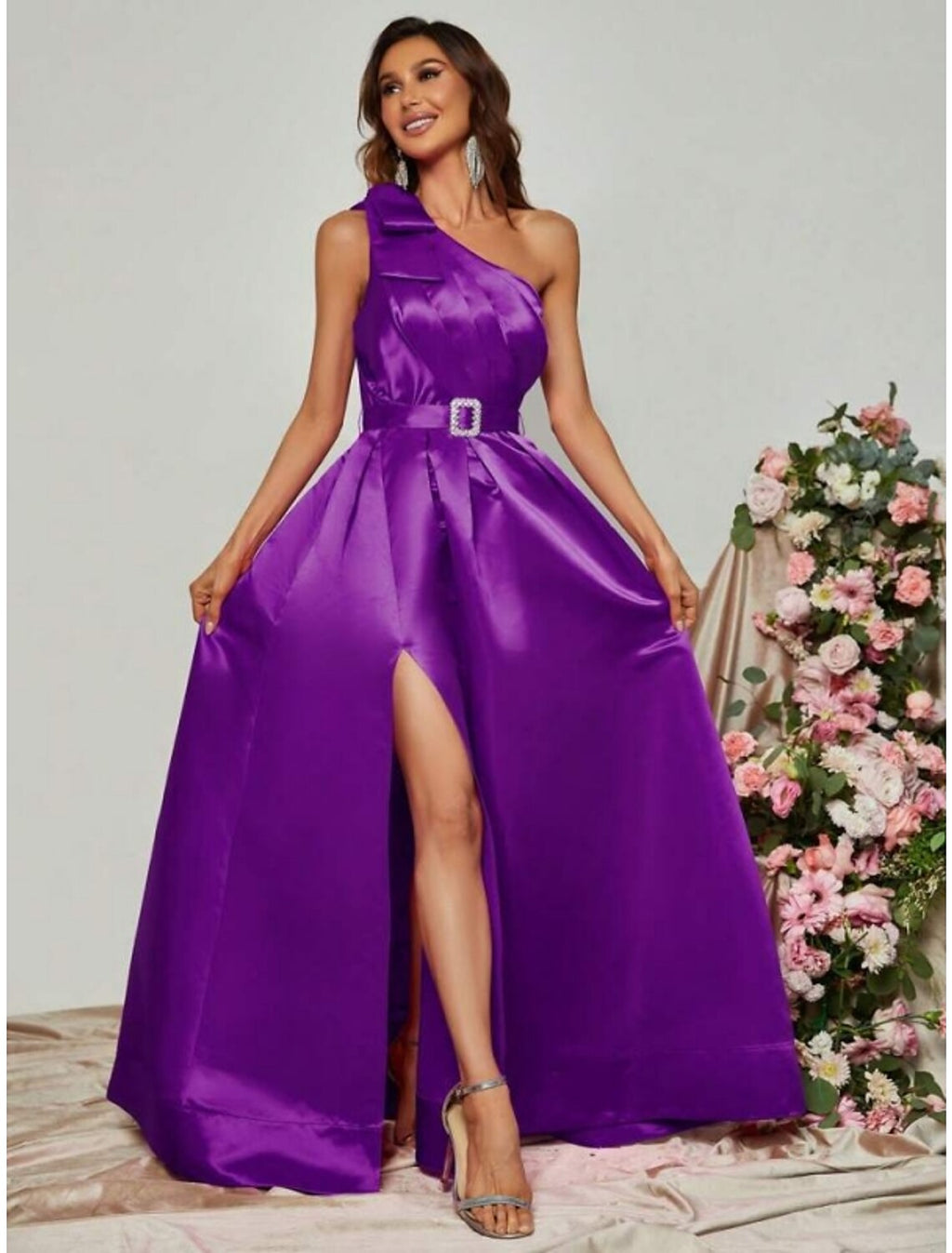 Black A-Line One-Shoulder Satin Sleeveless High Slit Floor-Length Evening Gown - Chloe Dress