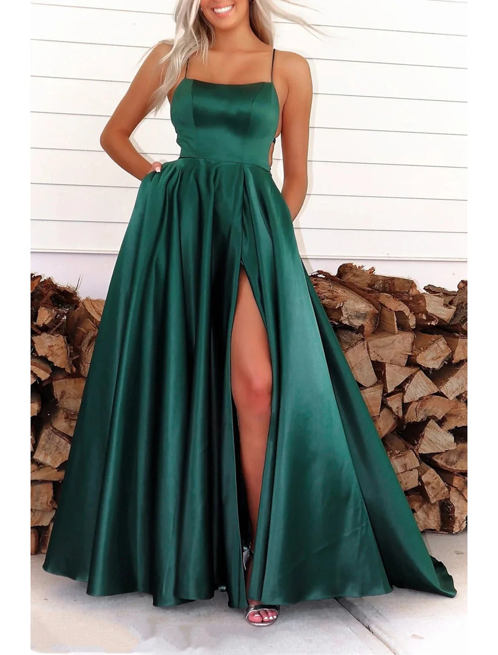 A-Line Spaghetti Strap Satin Sleeveless Open Back Pleated Prom Dress - Chloe Dress