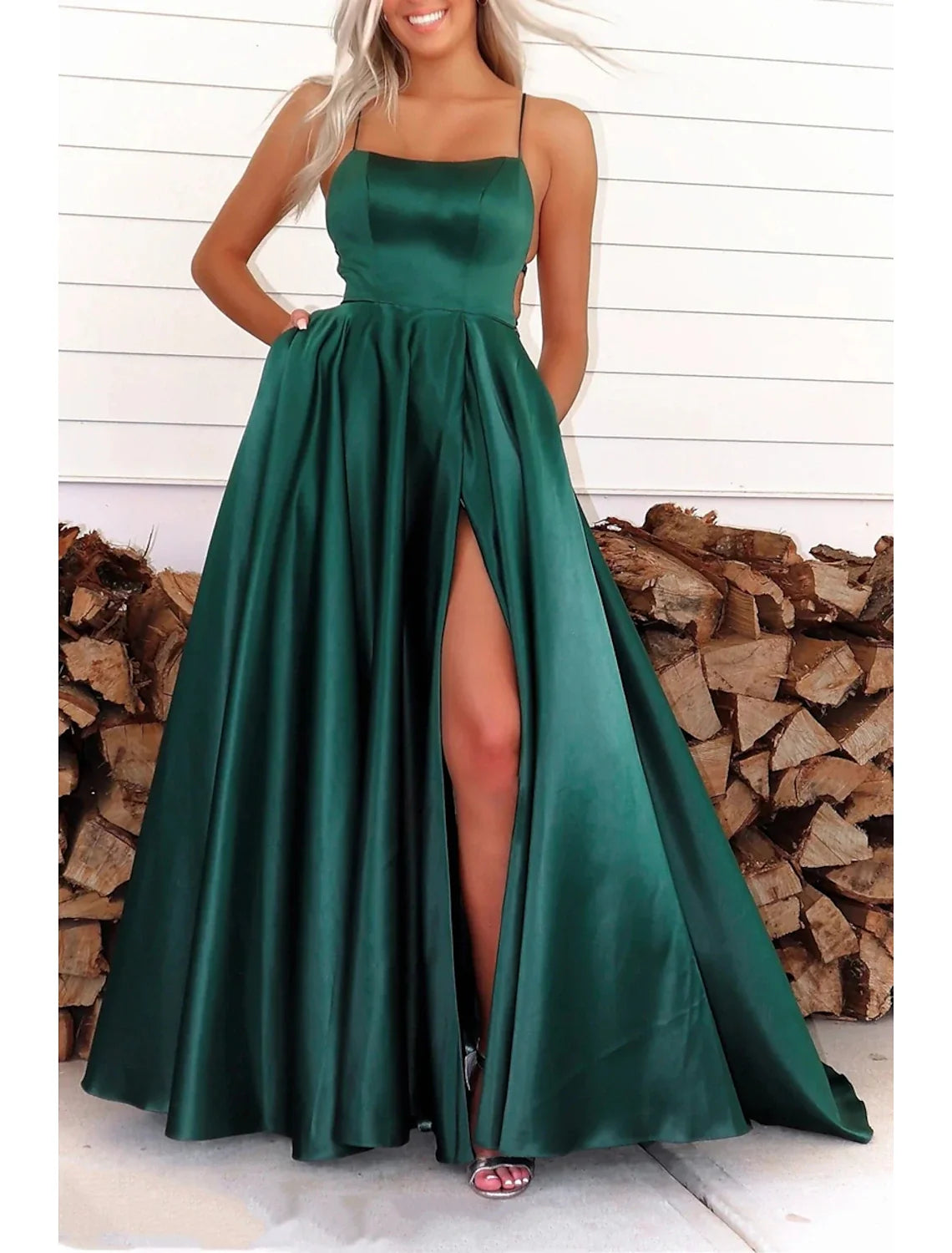 A-Line Spaghetti Strap Satin Sleeveless Open Back Pleated Prom Dress - Chloe Dress