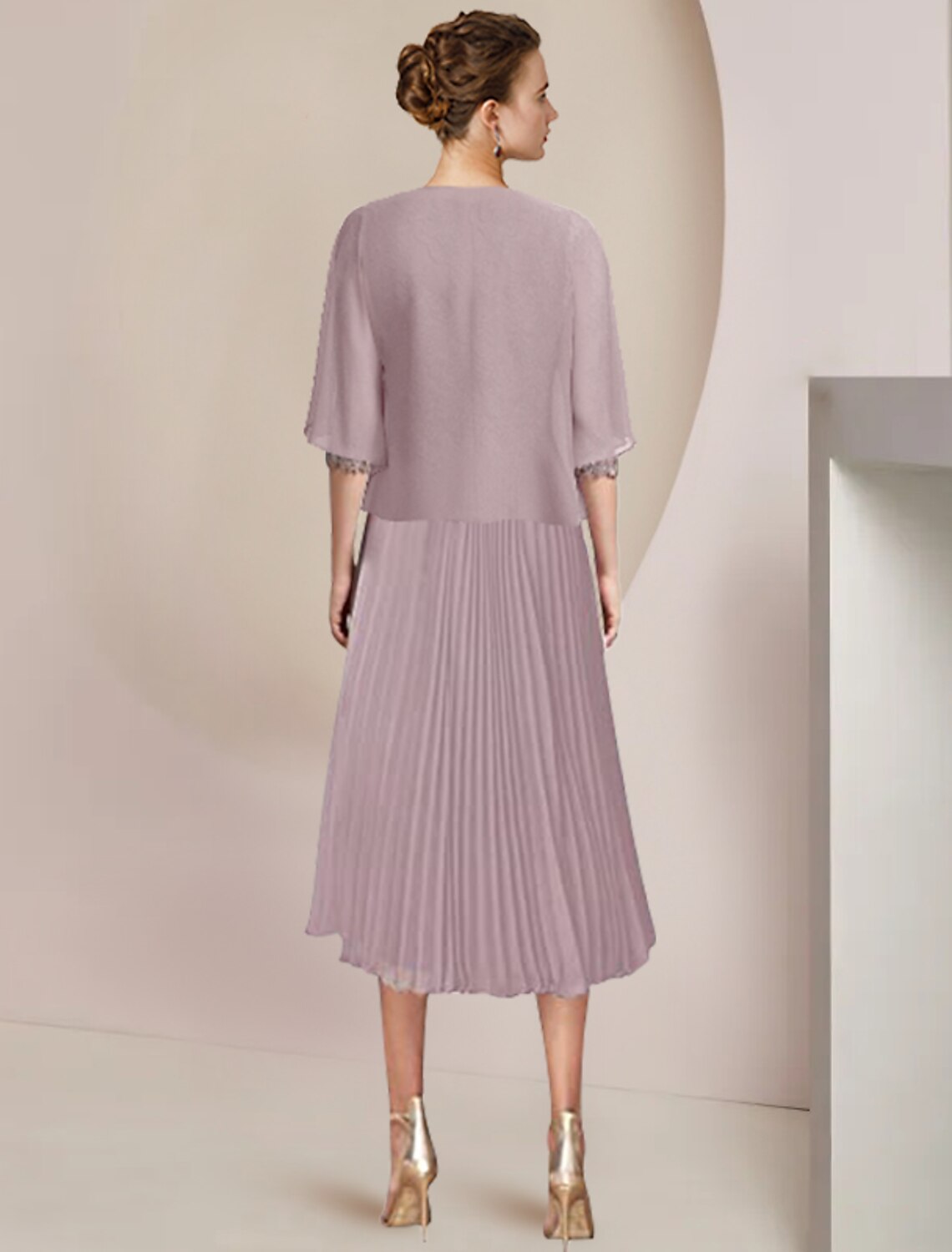 A-Line Lace Three-Quarter Sleeve Pleated Tea-Length Wedding Dress - Chloe Dress