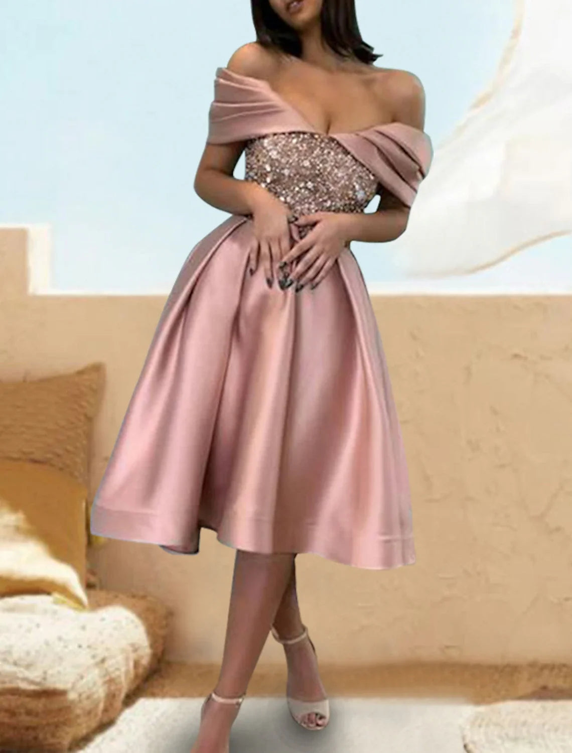 A-Line Off-Shoulder Satin Short Sleeve Mini Wedding Dress - Chloe Dress