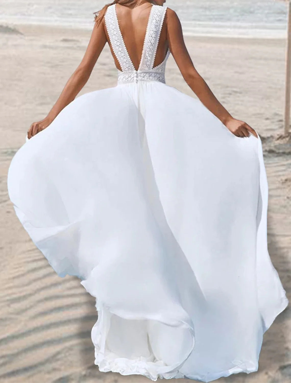A-Line V-Neck Chiffon Sleeveless Open Back Floor-Length Wedding Gown - Chloe Dress