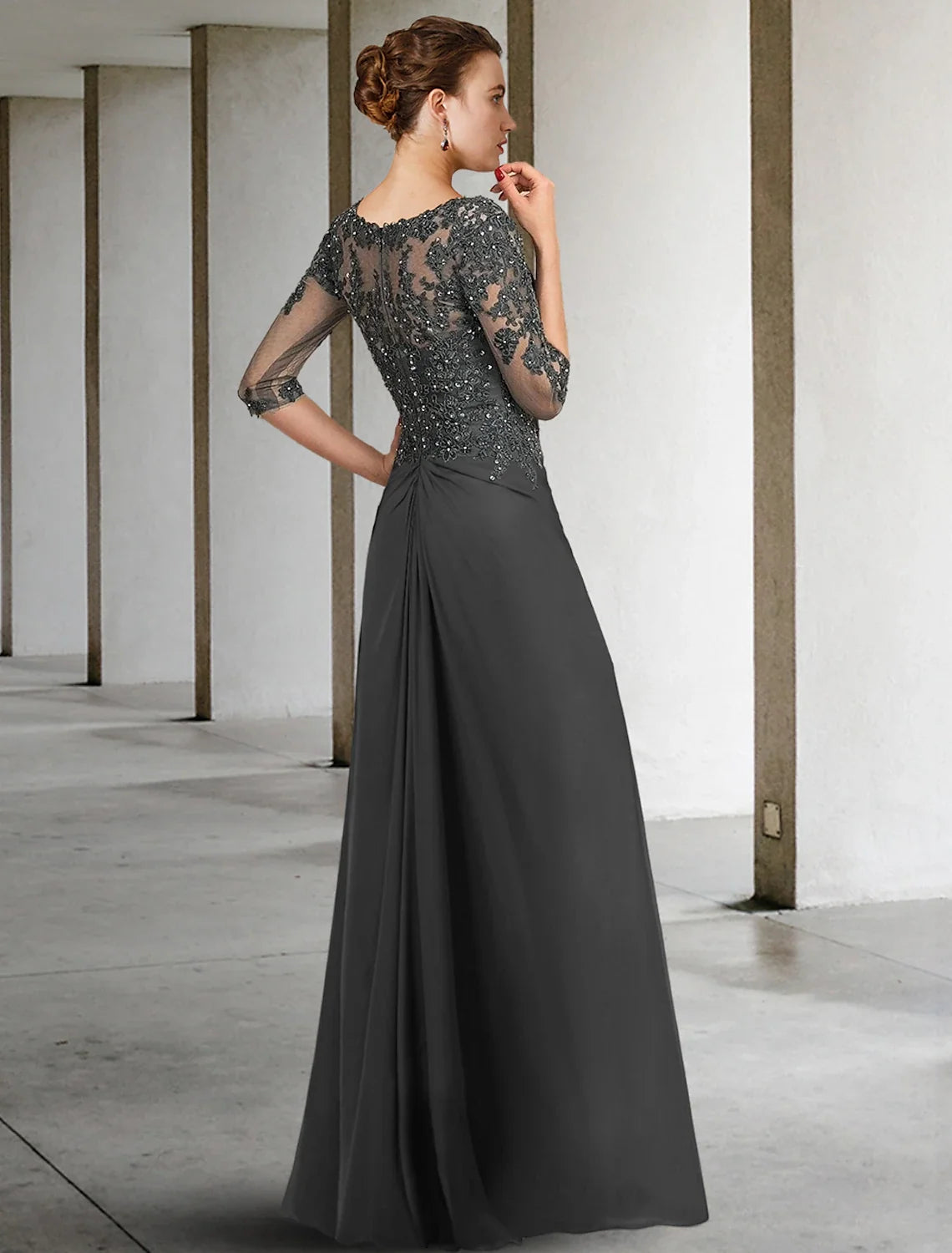 Sheath Square Neck Chiffon Three-Quarter Sleeve Applique Floor-Length Wedding Dress - Chloe Dress