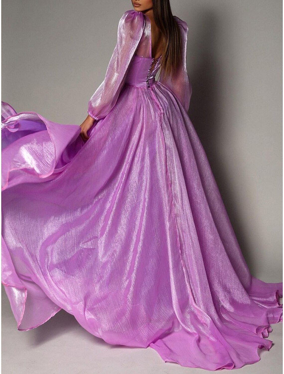 A-Line V-Neck Organza Long Sleeve High Slit Evening Gown - Chloe Dress