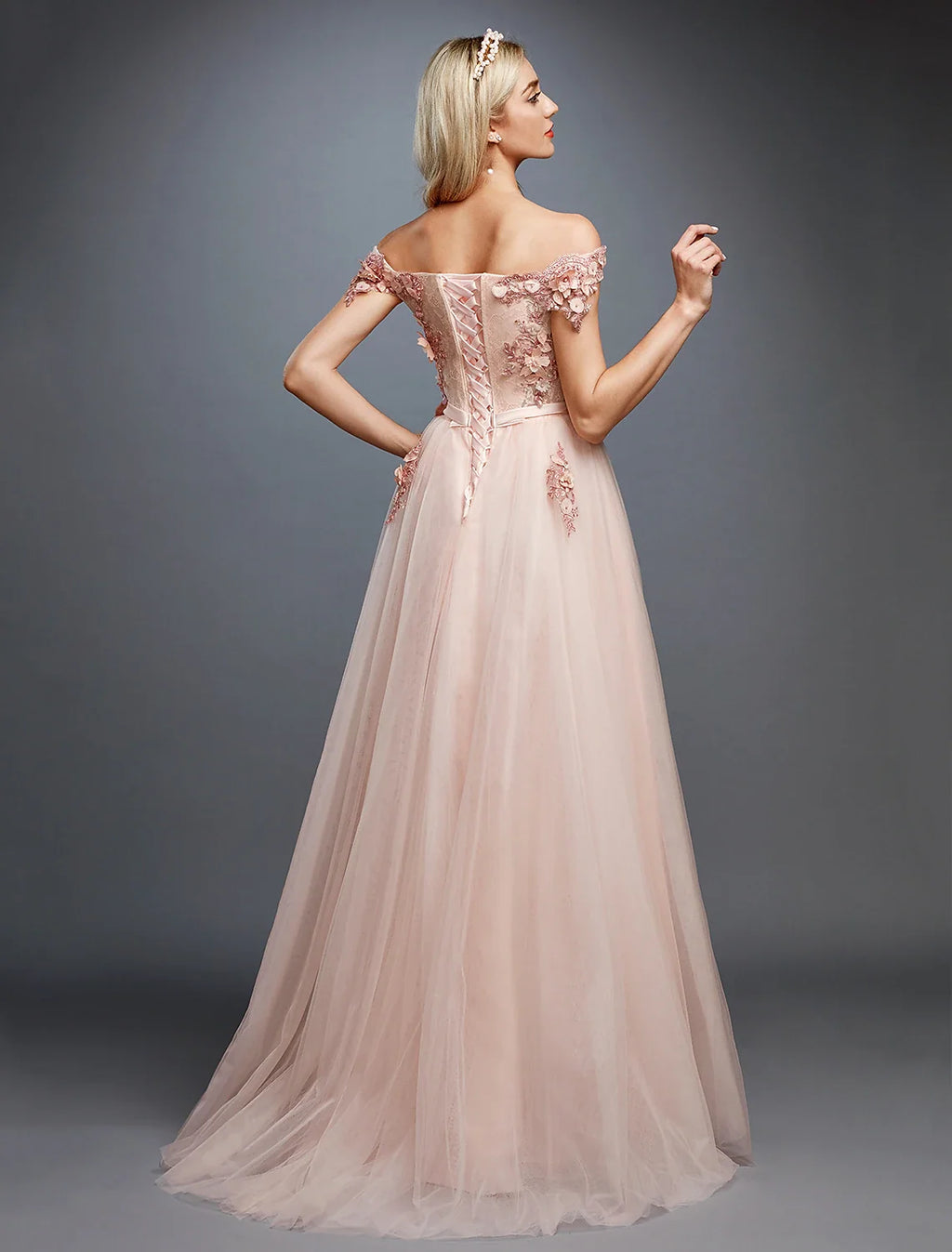 A-Line Off-Shoulder Tulle Sleeveless Train Prom Dress - Chloe Dress
