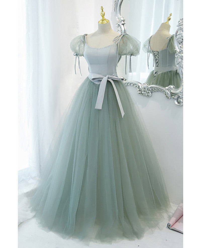Green Square Neck Short Sleeve Backless Floor-Length Prom Dress - Chloe Dress