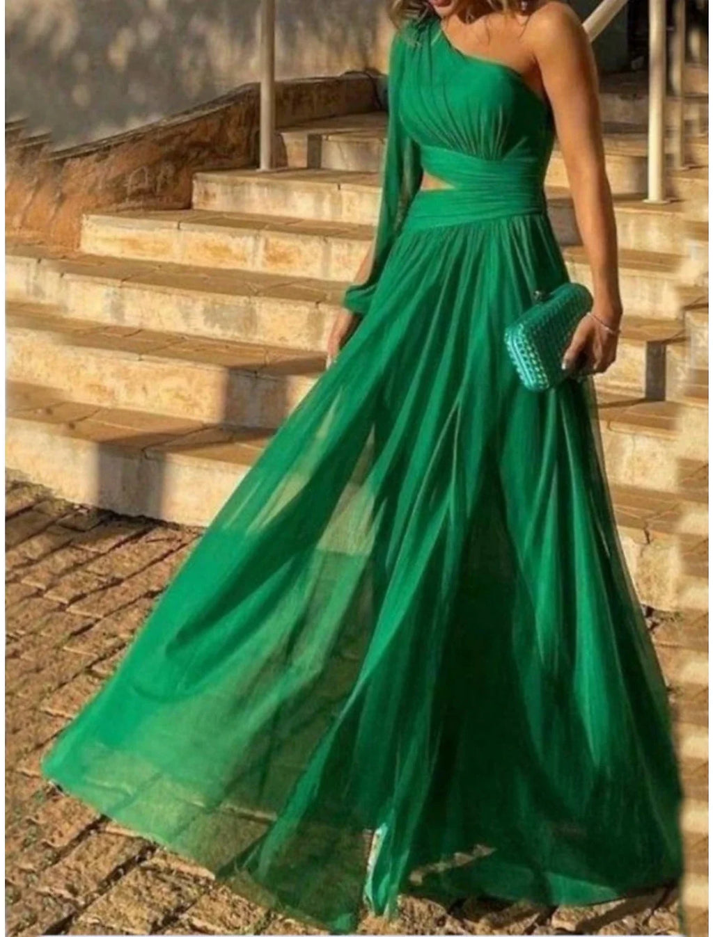 Green Sheath One-Shoulder Chiffon Sleeveless Pleated Floor-Length Dress - Chloe Dress