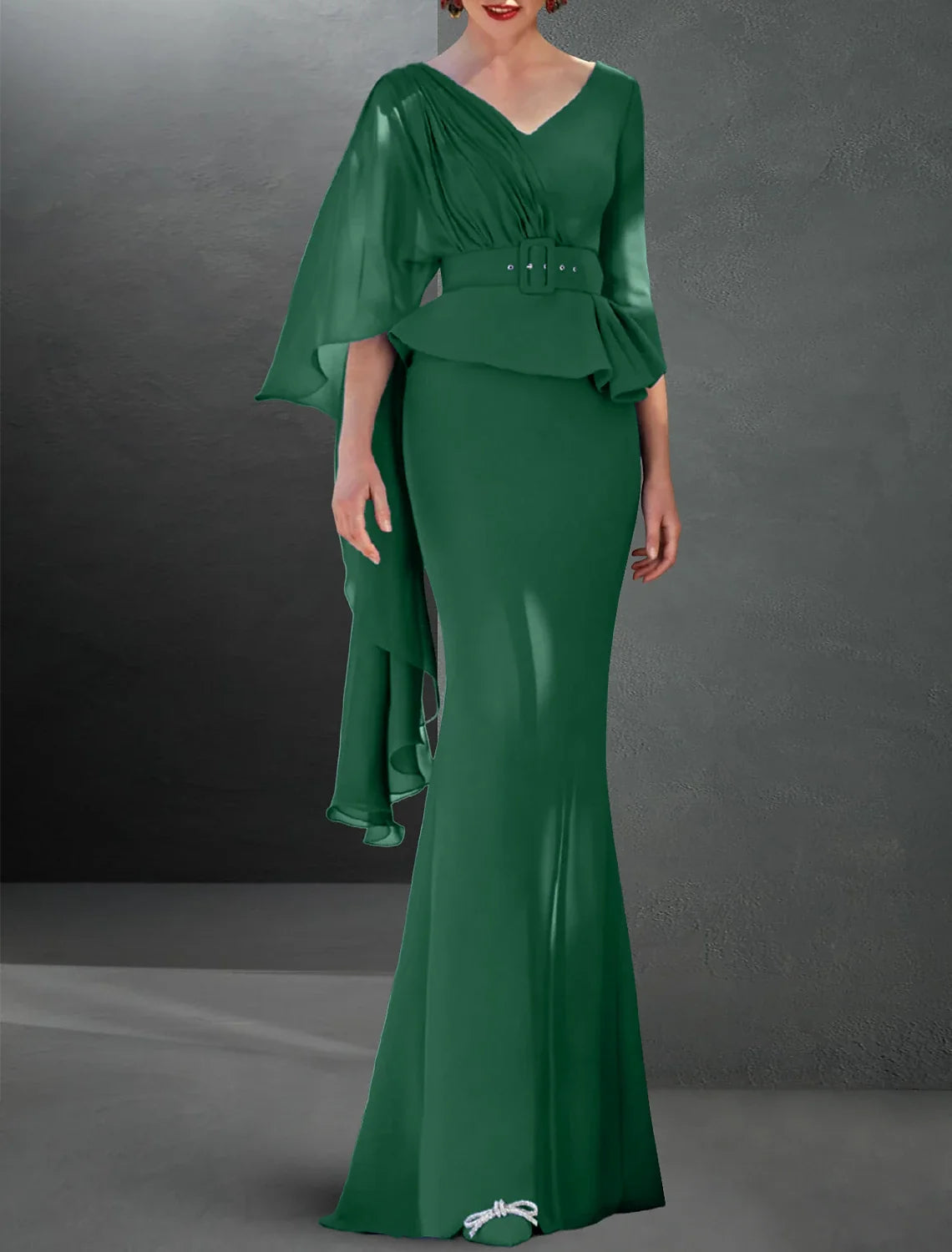 Mermaid V-Neck Chiffon Three-Quarter Sleeve Button Back Train Evening Gown - Chloe Dress