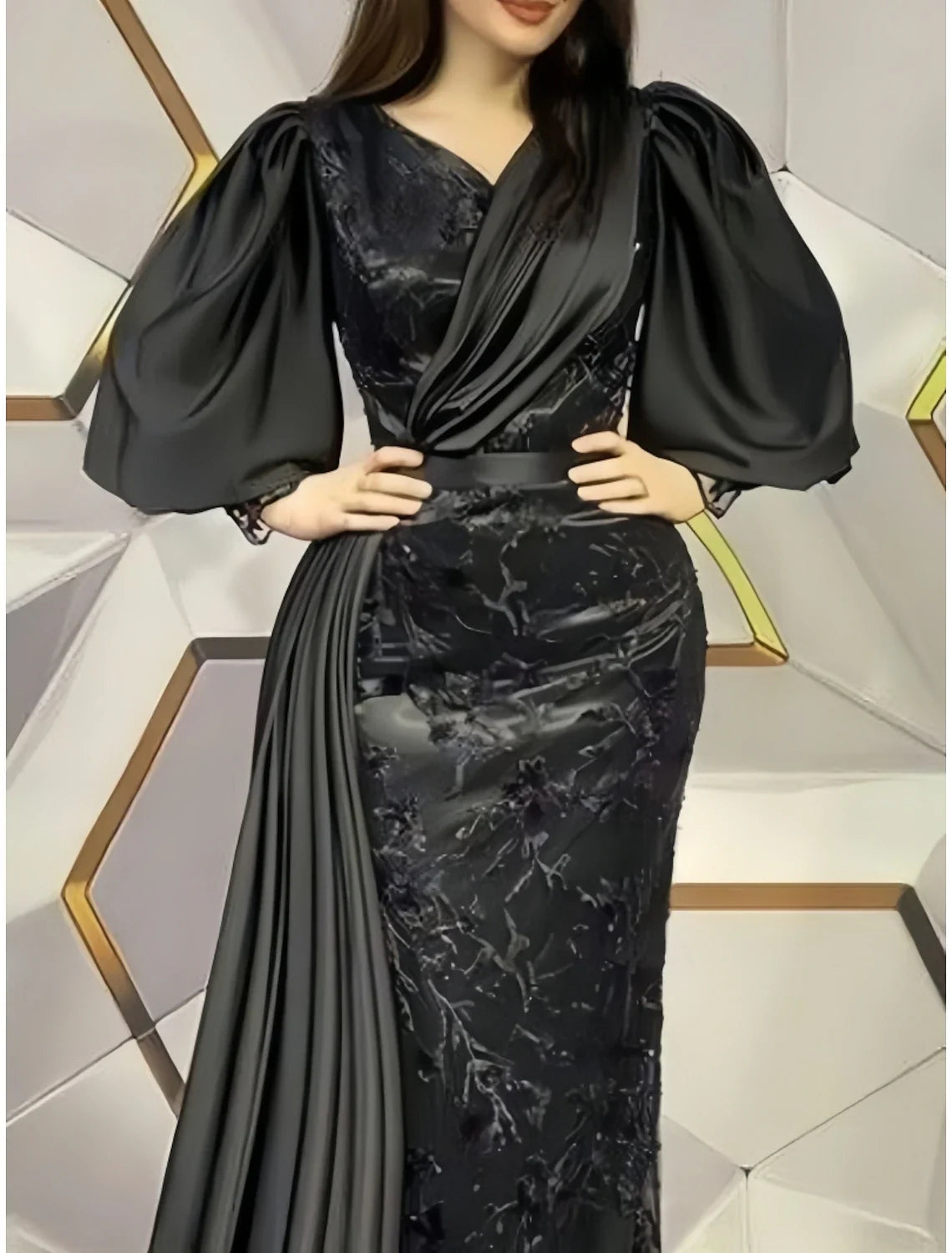 Black Sheath V-Neck Satin Long Sleeve Pleated Evening Gown - Chloe Dress