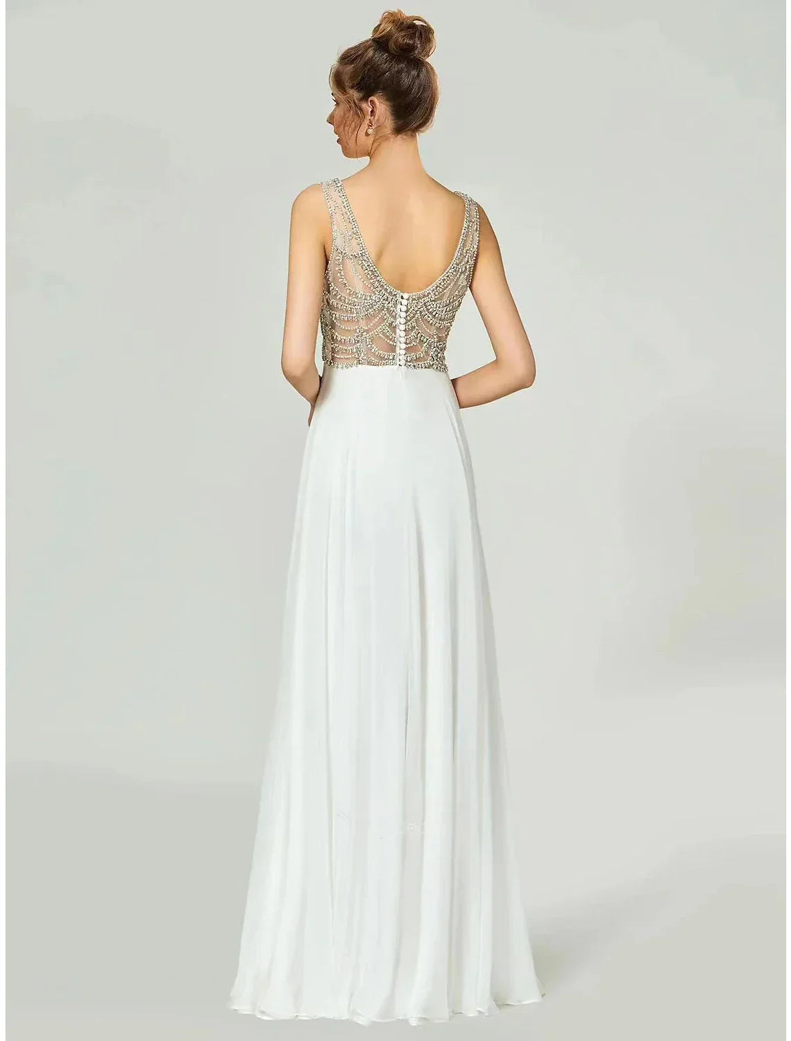 A-Line V-Neck Chiffon Sleeveless Open Back Rhinestone Floor-Length Evening Gown - Chloe Dress