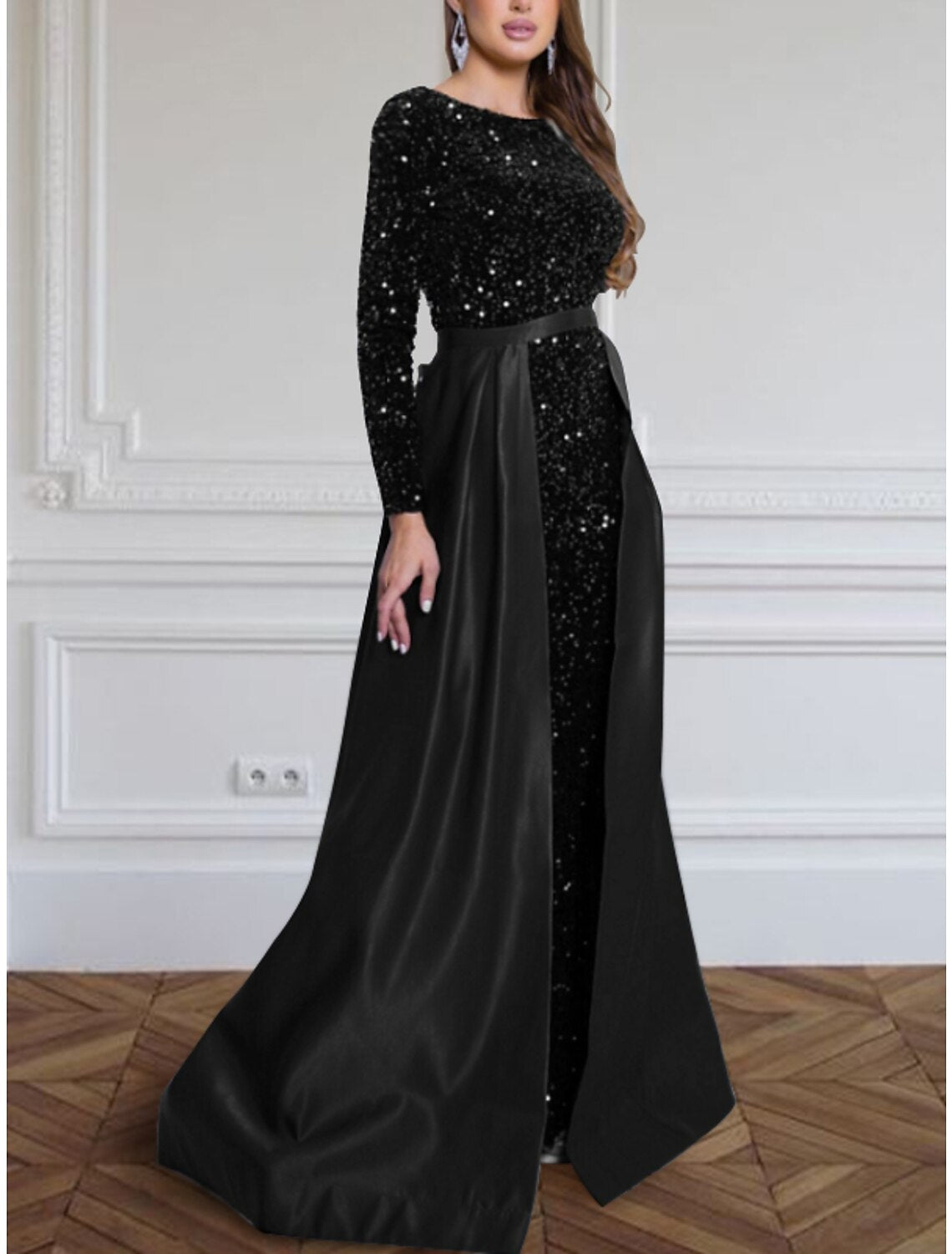 Black A-Line Sequin Long Sleeve Pleated Evening Gown - Chloe Dress
