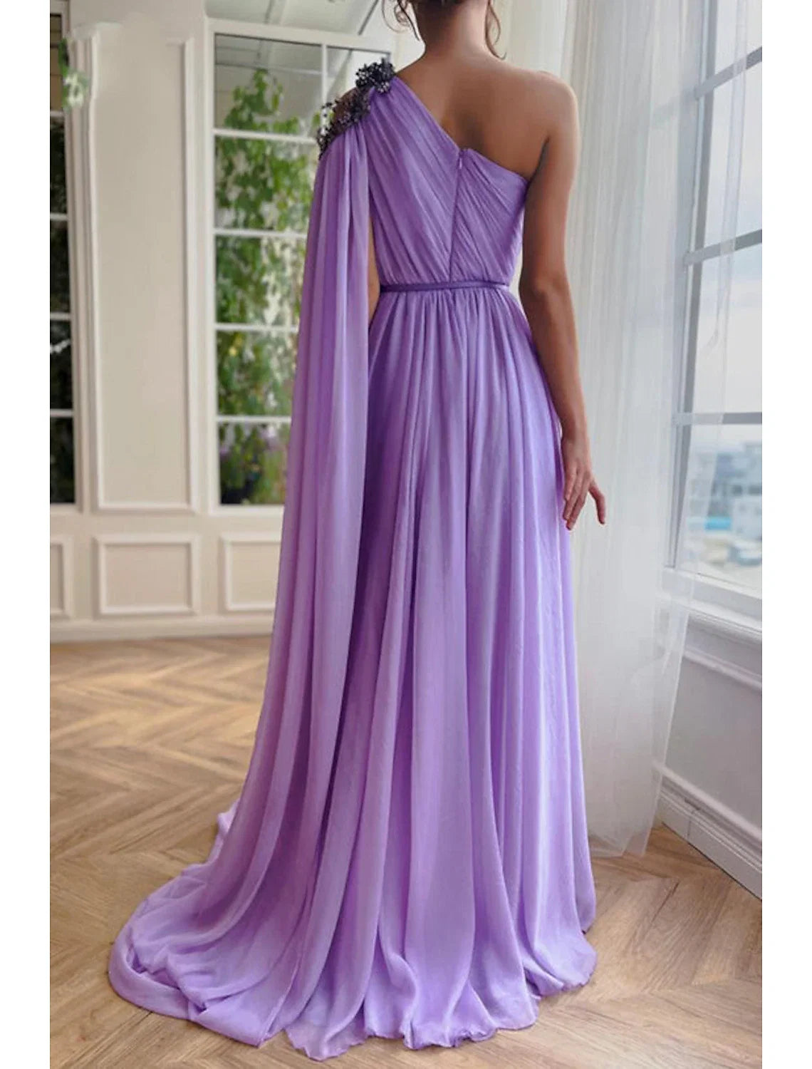 A-Line One-Shoulder Chiffon Sleeveless High Slit Evening Gown - Chloe Dress
