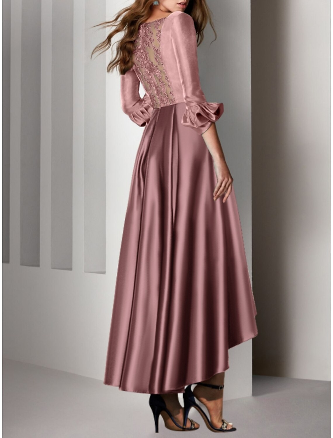A-Line V-Neck Satin Three-Quarter Sleeve Pleated Wedding Dress - Chloe Dress