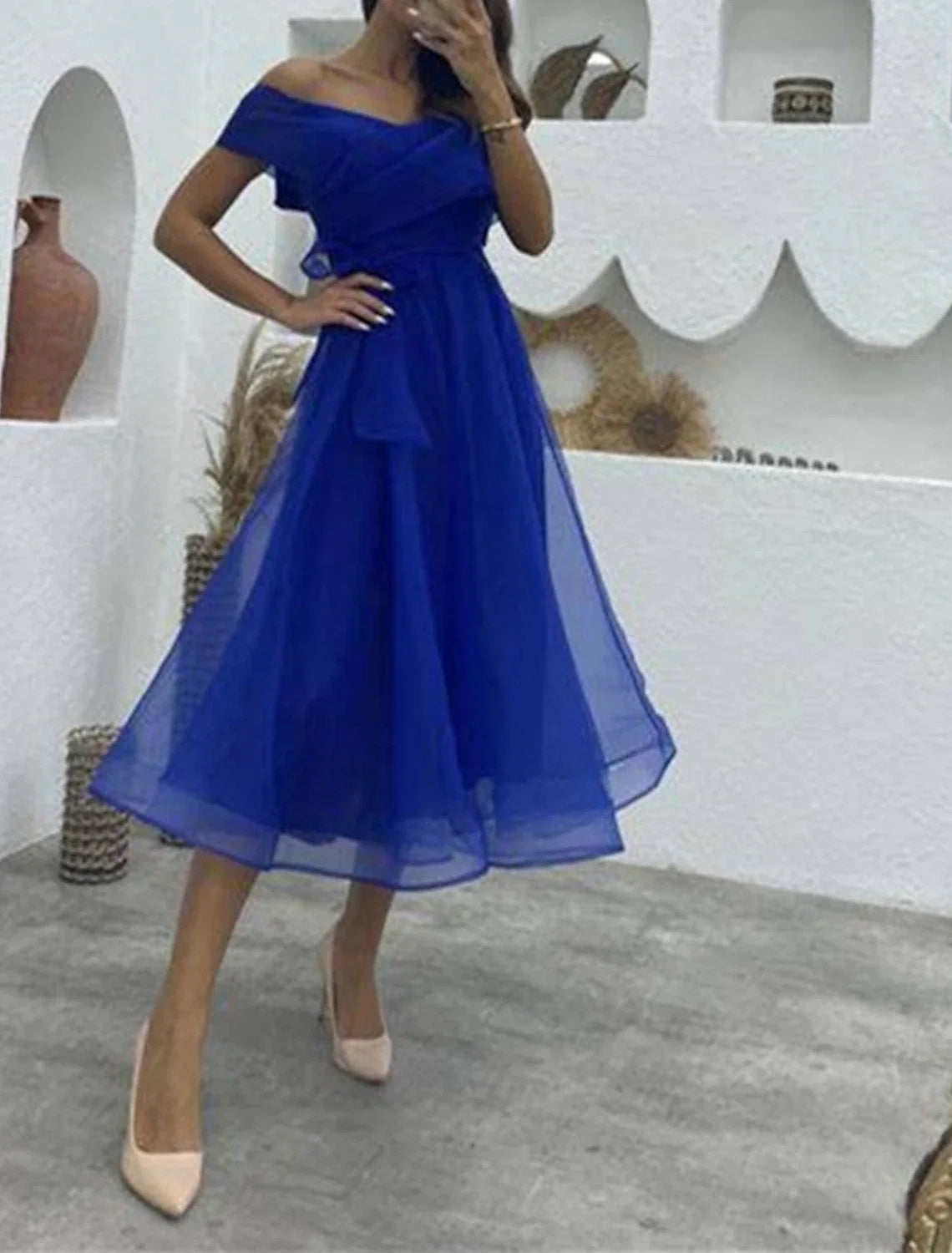 A-Line Off-Shoulder Organza Sleeveless Tea-Length Wedding Dress - Chloe Dress