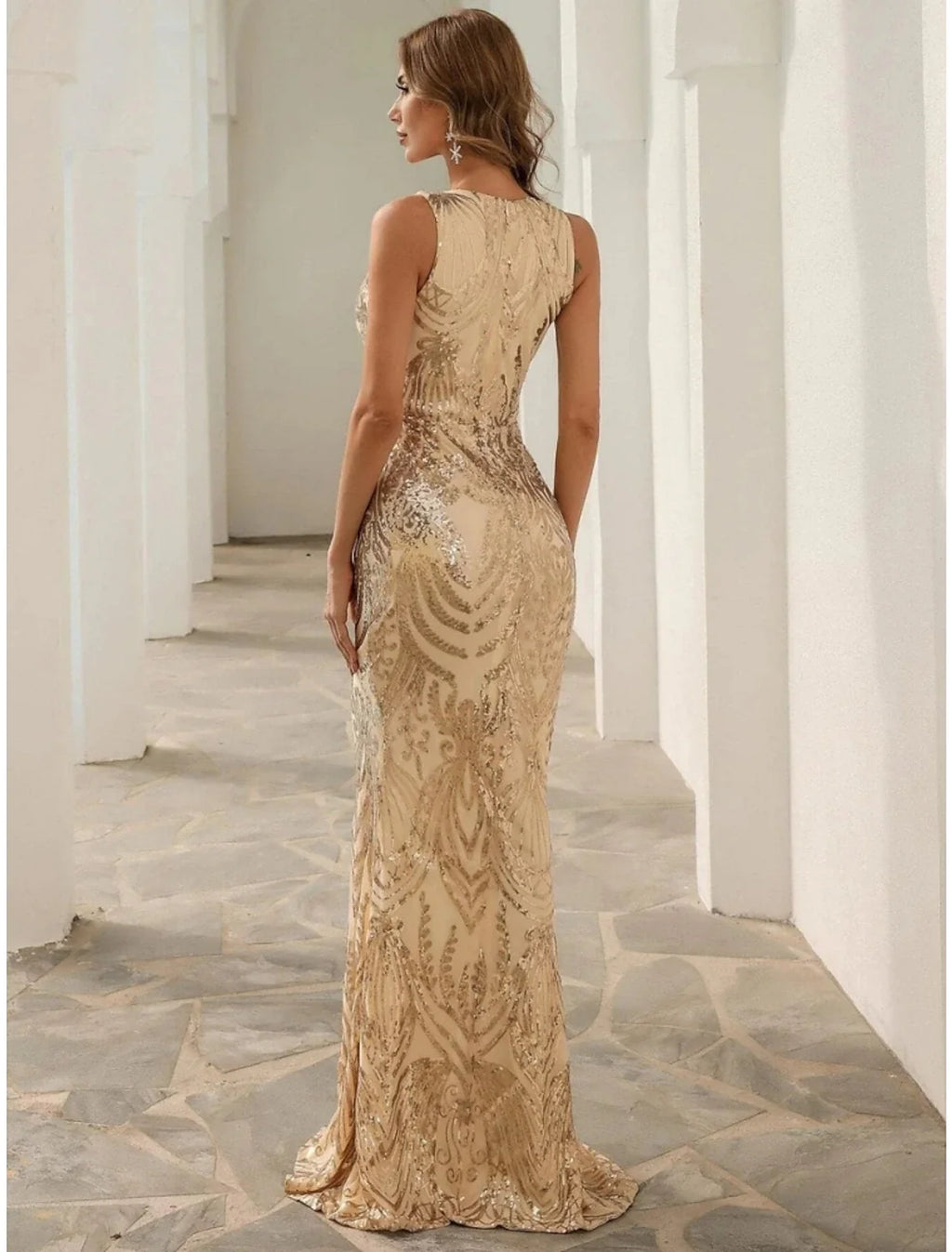 Mermaid V-Neck Sequin Sleeveless High Slit Evening Gown - Chloe Dress